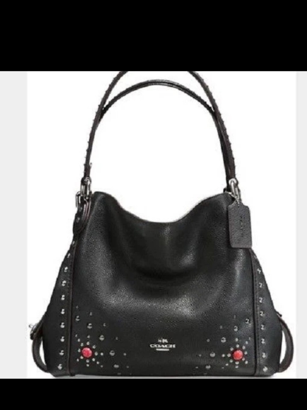Coach Black Leather Studded Shoulder Bag with Red Accent Buttons